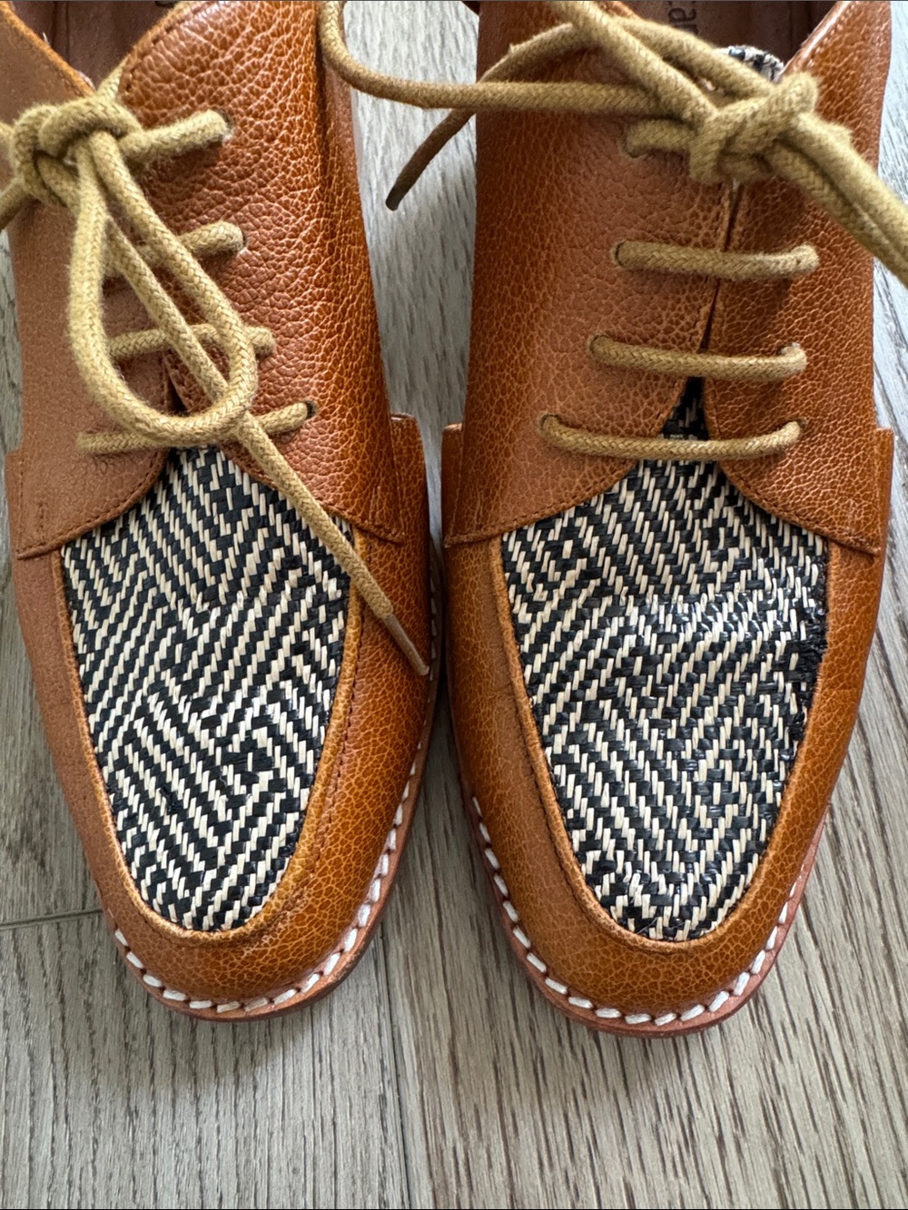 Jeffrey Campbell Tan Leather Oxfords with Black-and-White Woven Vamp - Picture 4 of 6